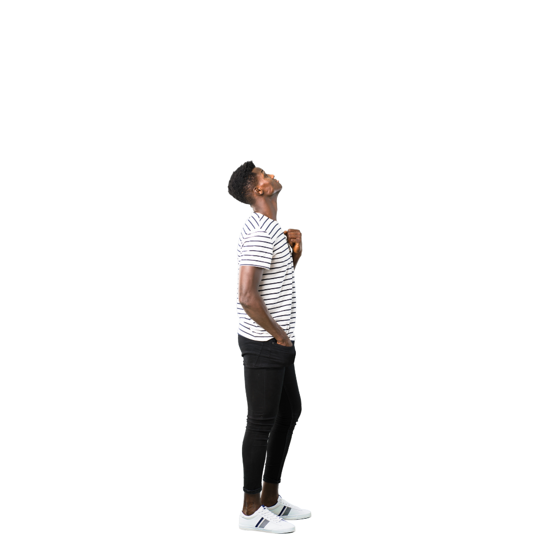 Man looking up at icons of a magnifying glass, check mark, lightbulb, brain cogs and paintbrush